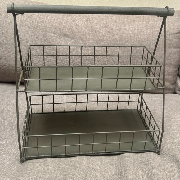 Two-Tier Metal Organizer Etagere Wooden Handle Accents Rustic Industrial#0725258 - Picture 2 of 16